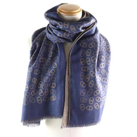 HERMES Scarf Main: 70% cashmere, Main: 30% silk Blue Light Brown mens Used Authentic