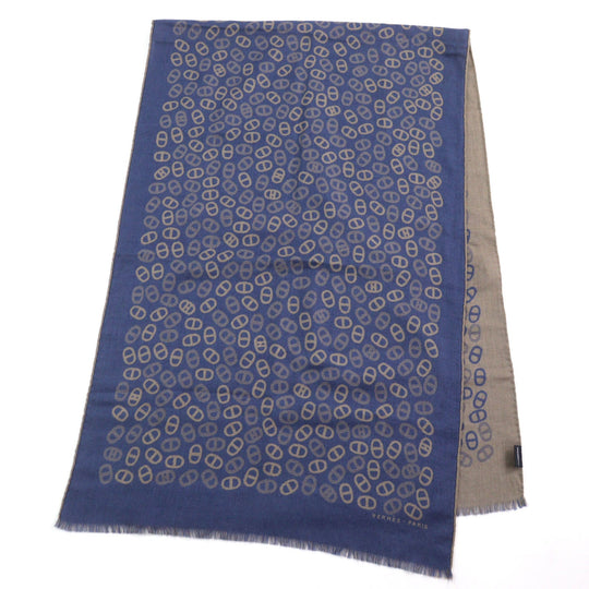 HERMES Scarf Main: 70% cashmere, Main: 30% silk Blue Light Brown mens Used Authentic