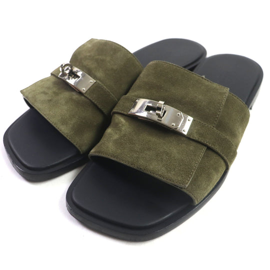 HERMES Sandals Main: Suede leather Khaki black Gabriel mens 43 Used Authentic