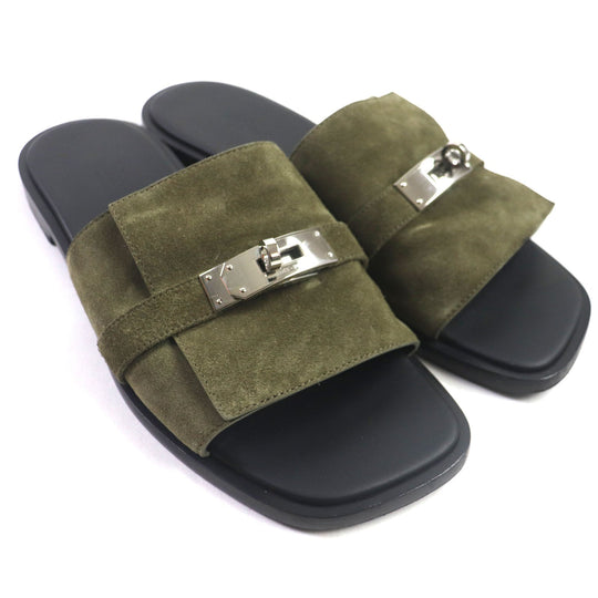 HERMES Sandals Main: Suede leather Khaki black Gabriel mens 43 Used Authentic