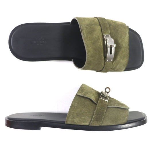 HERMES Sandals Main: Suede leather Khaki black Gabriel mens 43 Used Authentic