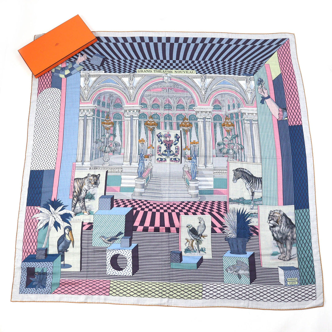 HERMES scarf Main: 70% cashmere, Main: 30% silk Gris Chine/Bleu/Rose Carre140 GRAND THEATRE NOUVEAU Women Used Authentic