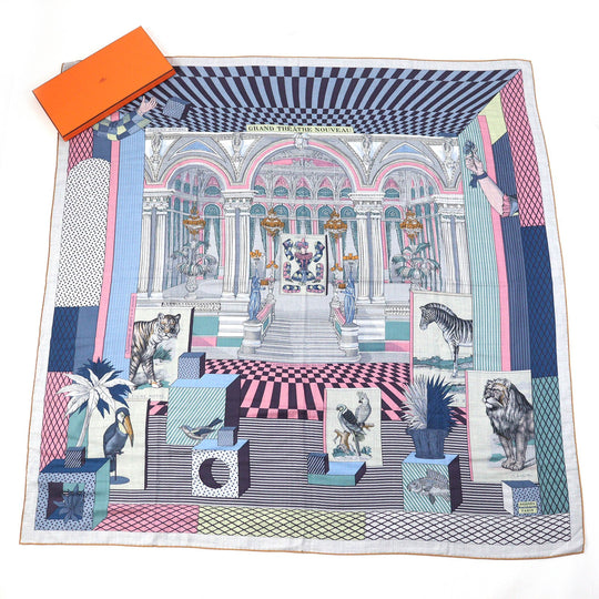 HERMES scarf Main: 70% cashmere, Main: 30% silk Gris Chine/Bleu/Rose Carre140 GRAND THEATRE NOUVEAU Women Used Authentic