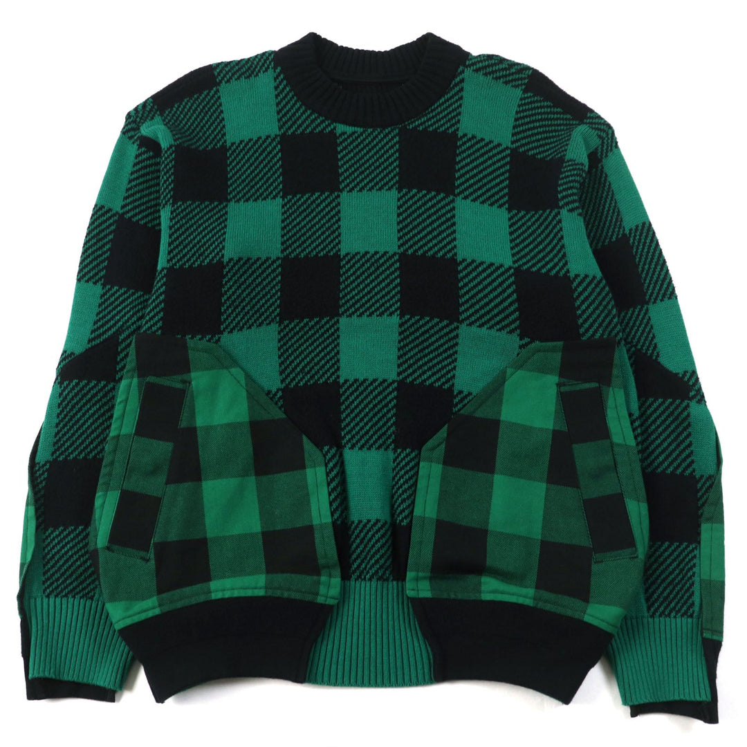 Sacai knit 22-02704M Main: 83% cotton, Main: 17% nylon, Part: 100% cotton, Part: 50% cotton, Part: 50% polyester Green black Buffalo Check Kint Pullover mens 2 Used Authentic
