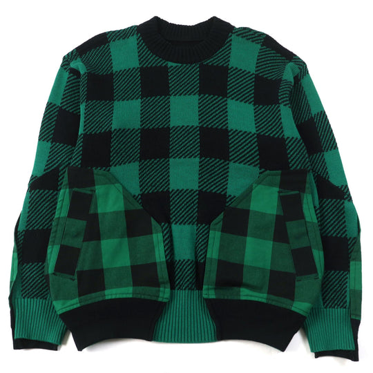 Sacai knit 22-02704M Main: 83% cotton, Main: 17% nylon, Part: 100% cotton, Part: 50% cotton, Part: 50% polyester Green black Buffalo Check Kint Pullover mens 2 Used Authentic