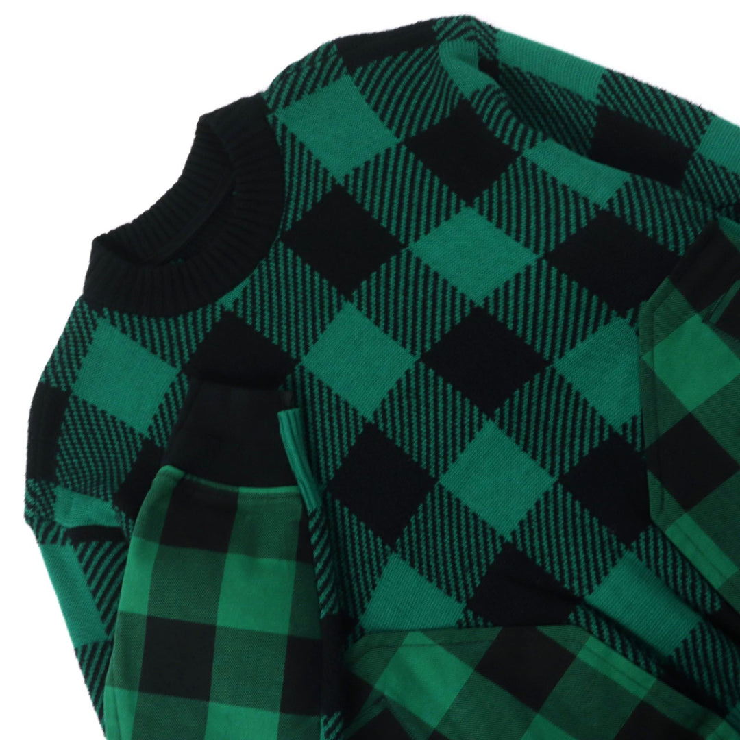 Sacai knit 22-02704M Main: 83% cotton, Main: 17% nylon, Part: 100% cotton, Part: 50% cotton, Part: 50% polyester Green black Buffalo Check Kint Pullover mens 2 Used Authentic