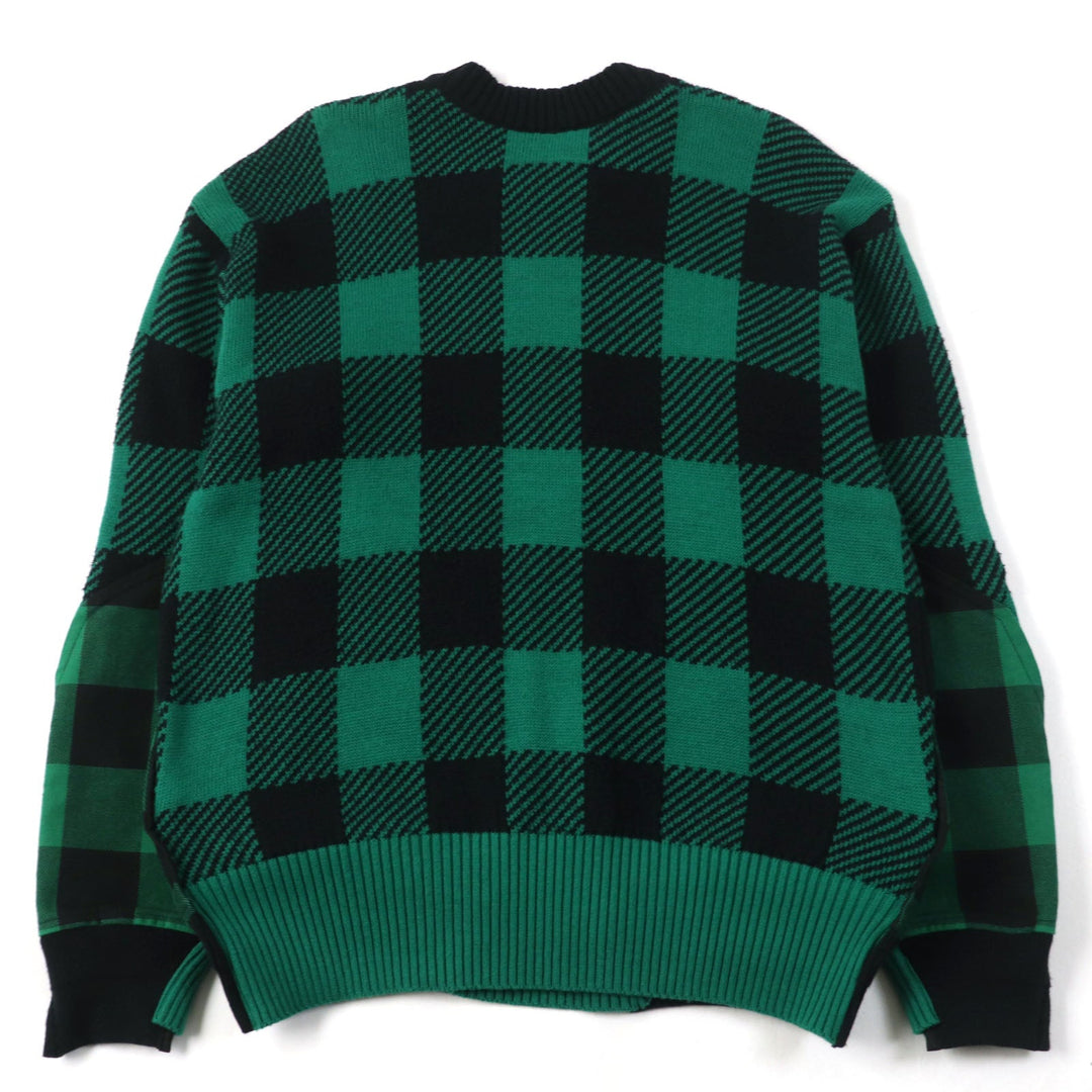 Sacai knit 22-02704M Main: 83% cotton, Main: 17% nylon, Part: 100% cotton, Part: 50% cotton, Part: 50% polyester Green black Buffalo Check Kint Pullover mens 2 Used Authentic