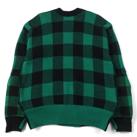 Sacai knit 22-02704M Main: 83% cotton, Main: 17% nylon, Part: 100% cotton, Part: 50% cotton, Part: 50% polyester Green black Buffalo Check Kint Pullover mens 2 Used Authentic