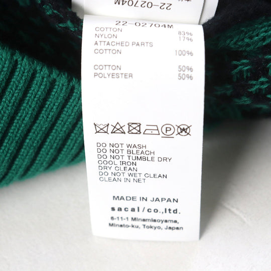 Sacai knit 22-02704M Main: 83% cotton, Main: 17% nylon, Part: 100% cotton, Part: 50% cotton, Part: 50% polyester Green black Buffalo Check Kint Pullover mens 2 Used Authentic
