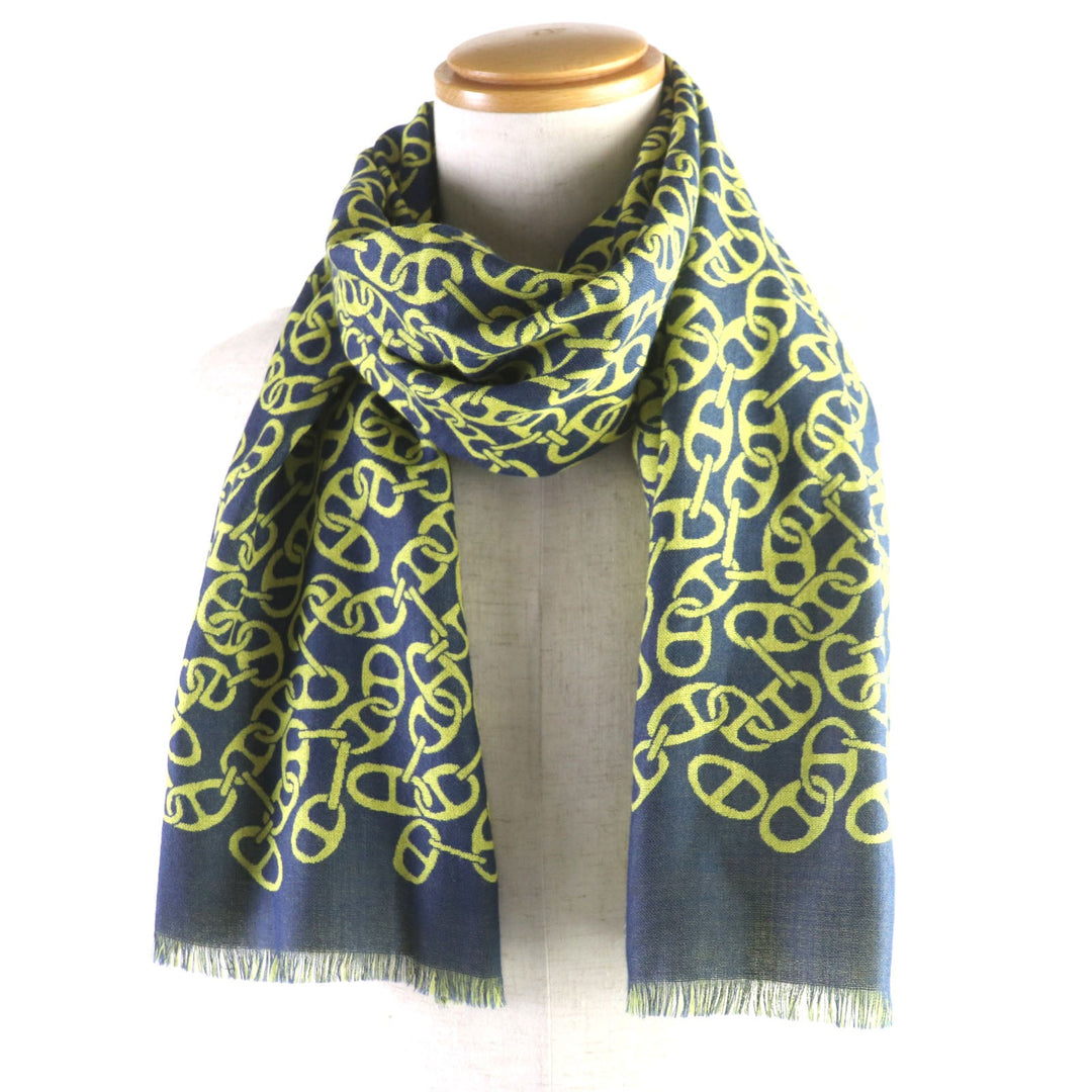 HERMES Scarf H706094T Main: 70% cashmere, Main: 30% silk Blue Ocean Citron Nausa mens Used Authentic