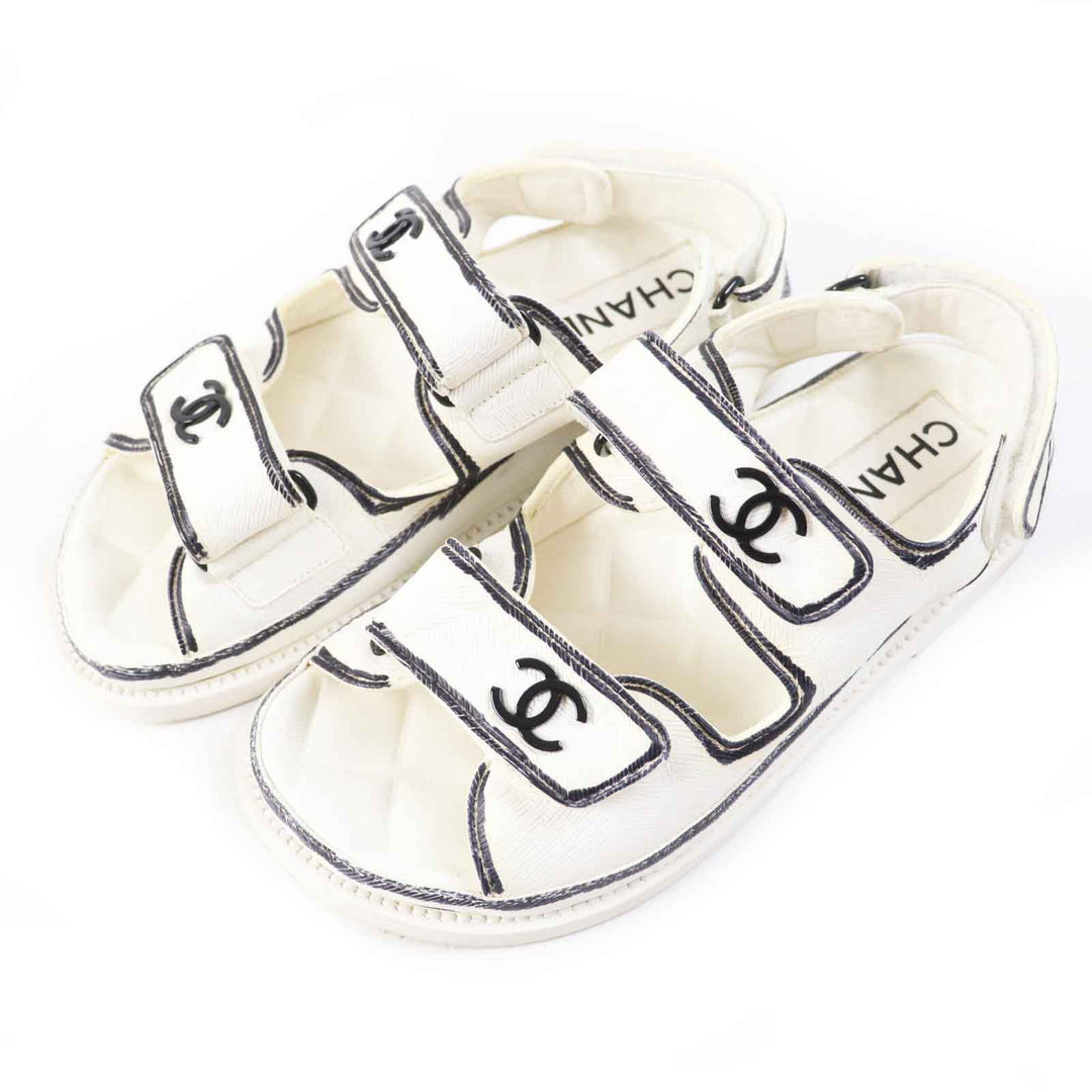 CHANEL Sandals G35927 leather Ivory black COCO Mark Comfort Velcro Women 35 Used Authentic