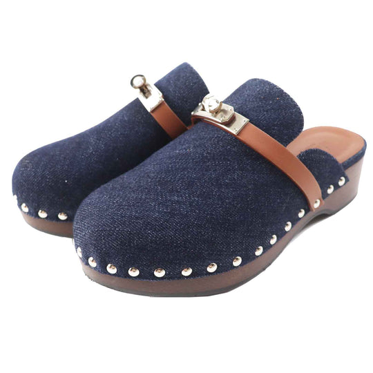 HERMES Sandals Main: Denim, Part: Leather, Part: Wood Indigo blue Carlotta Women 35 Used Authentic