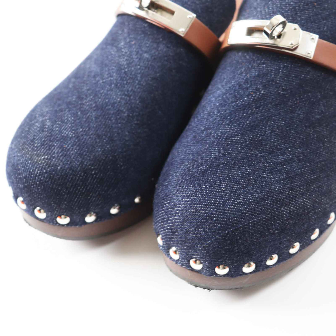 HERMES Sandals Main: Denim, Part: Leather, Part: Wood Indigo blue Carlotta Women 35 Used Authentic