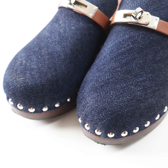 HERMES Sandals Main: Denim, Part: Leather, Part: Wood Indigo blue Carlotta Women 35 Used Authentic