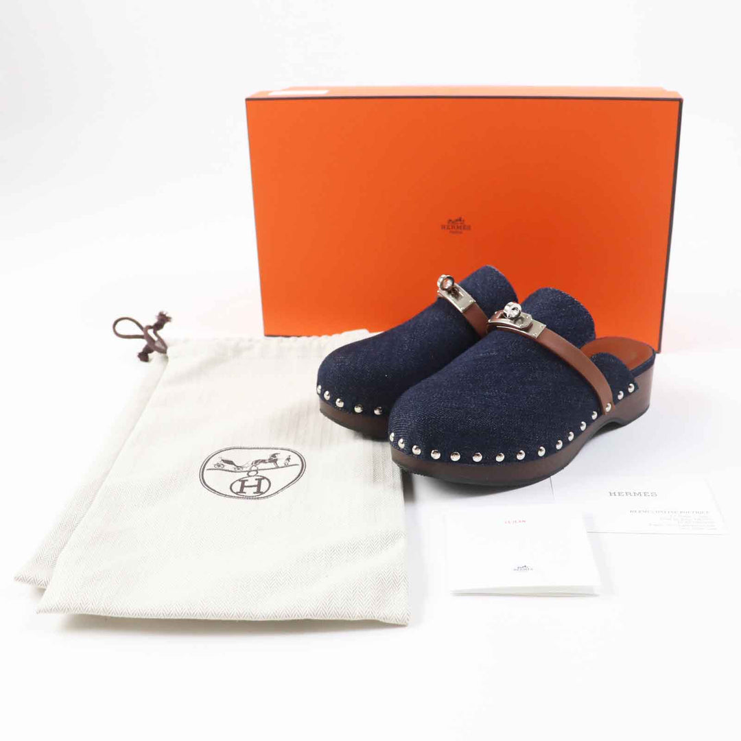 HERMES Sandals Main: Denim, Part: Leather, Part: Wood Indigo blue Carlotta Women 35 Used Authentic