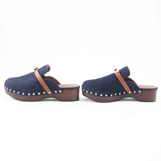 HERMES Sandals Main: Denim, Part: Leather, Part: Wood Indigo blue Carlotta Women 35 Used Authentic