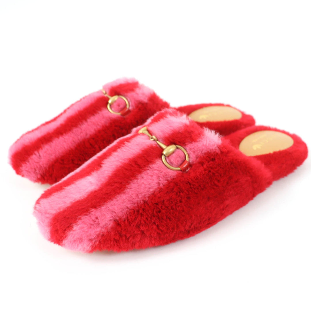 GUCCI Mule 722442 Fur, Leather Red Women 37 Used Authentic