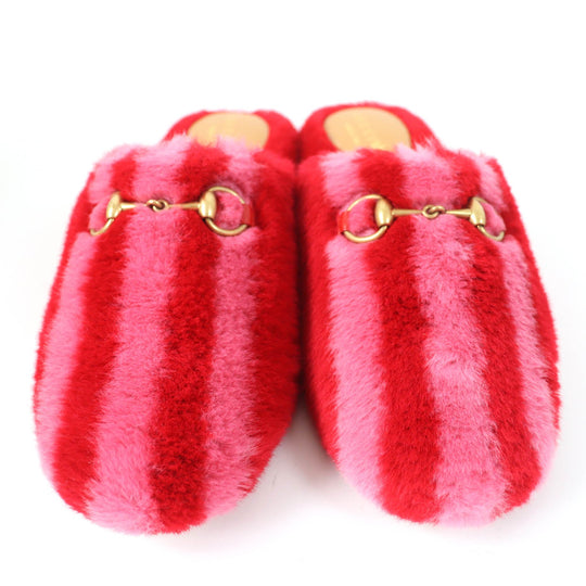GUCCI Mule 722442 Fur, Leather Red Women 37 Used Authentic