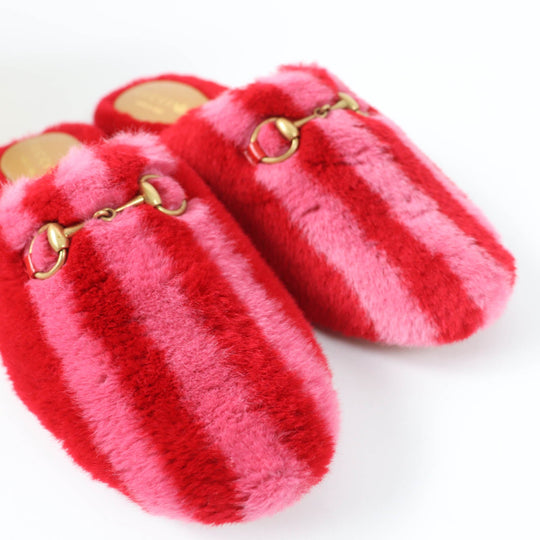 GUCCI Mule 722442 Fur, Leather Red Women 37 Used Authentic
