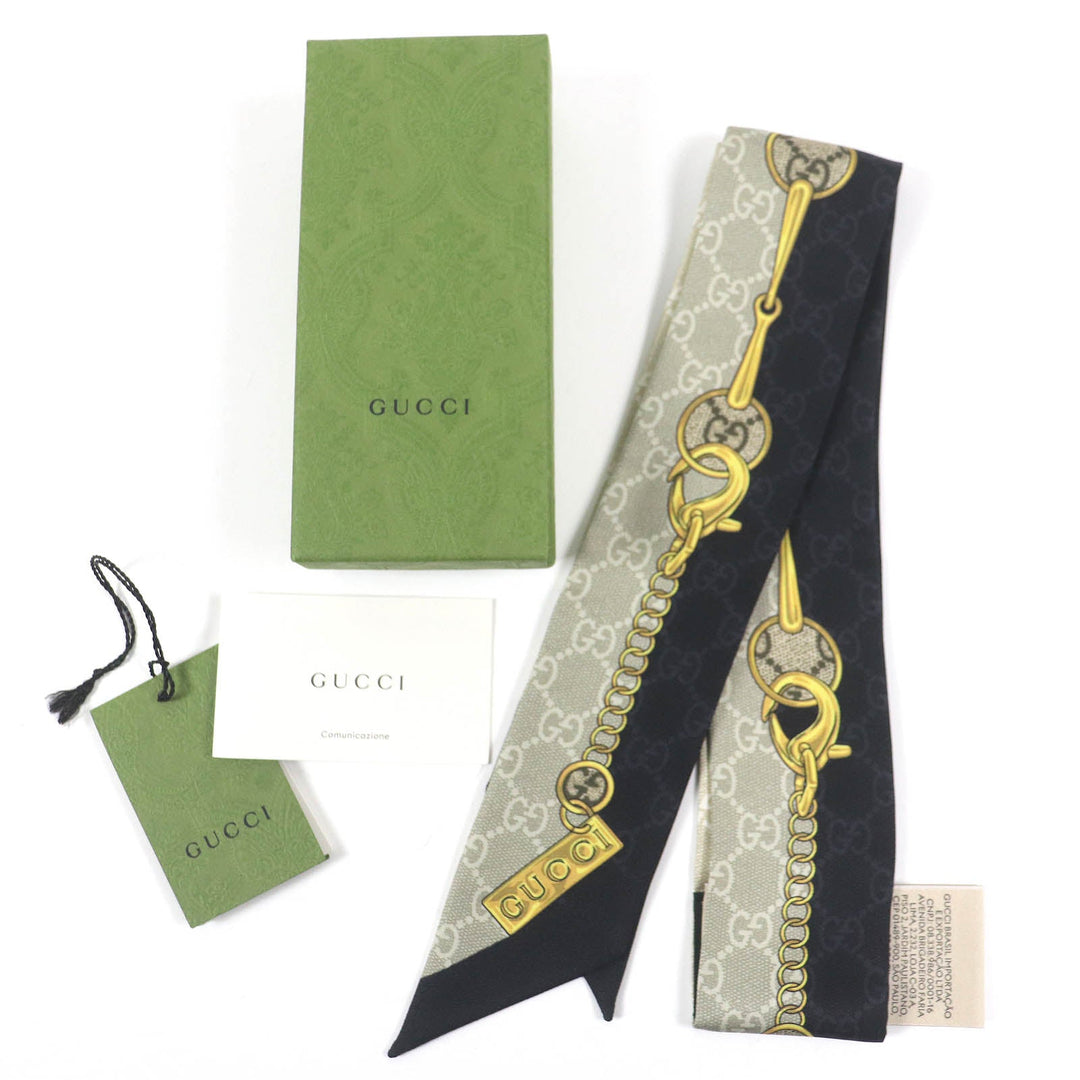 GUCCI scarf 774819 Main: 100% silk Black beige GG Chain Horsebit Print Silk Neck Bow Women Used Authentic