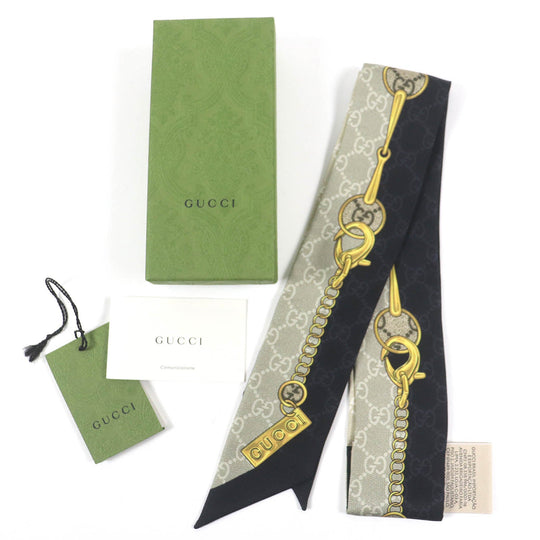 GUCCI scarf 774819 Main: 100% silk Black beige GG Chain Horsebit Print Silk Neck Bow Women Used Authentic