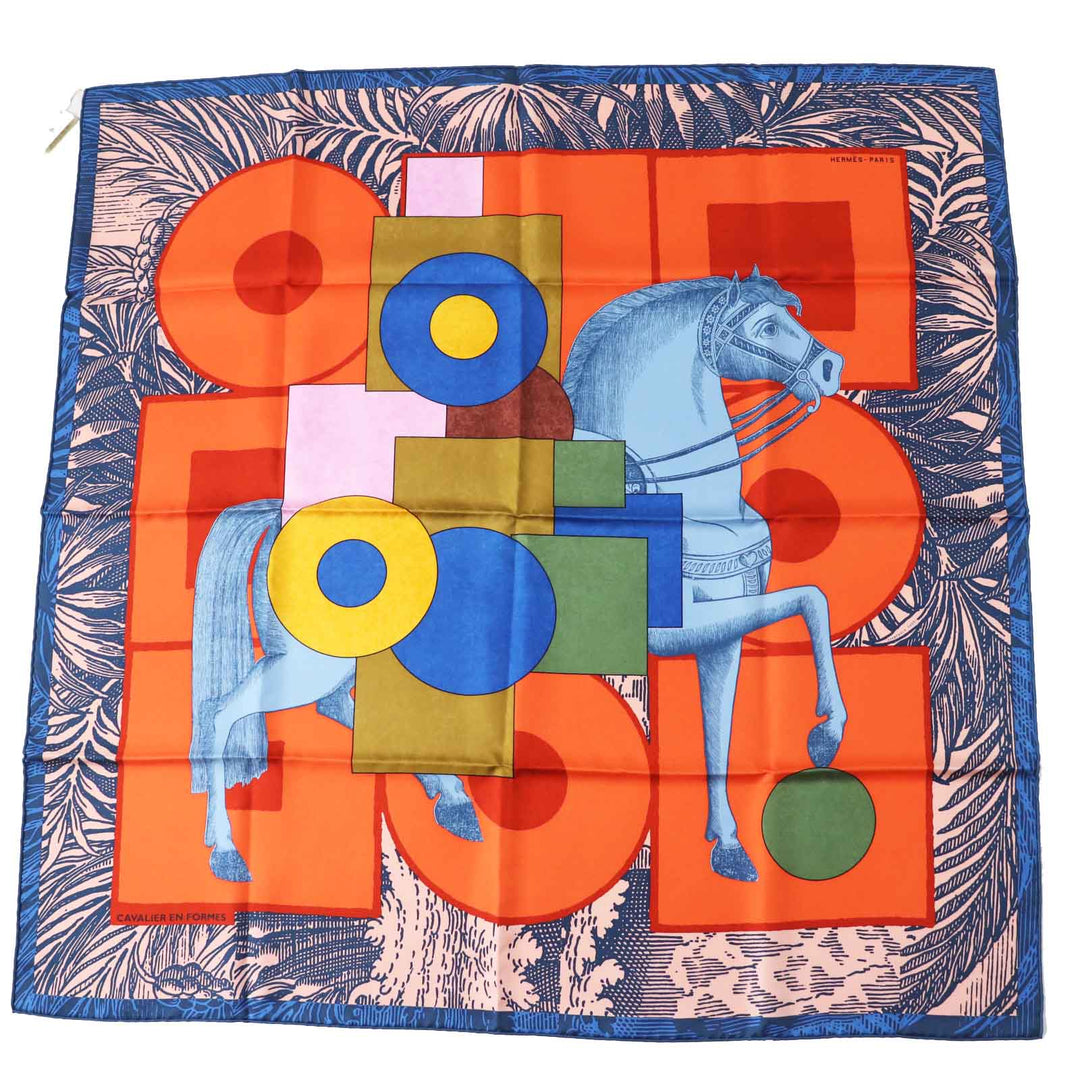 HERMES scarf Main: 100% silk Orange/blue/pink Carre90 Cavalier en Formes Women Used Authentic