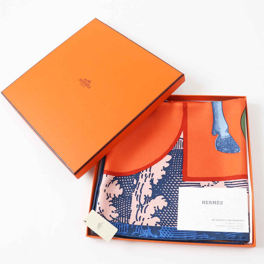 HERMES scarf Main: 100% silk Orange/blue/pink Carre90 Cavalier en Formes Women Used Authentic