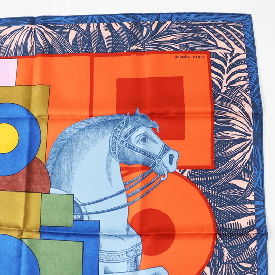 HERMES scarf Main: 100% silk Orange/blue/pink Carre90 Cavalier en Formes Women Used Authentic