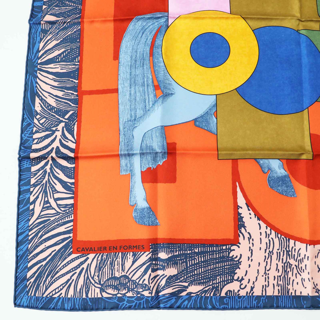 HERMES scarf Main: 100% silk Orange/blue/pink Carre90 Cavalier en Formes Women Used Authentic