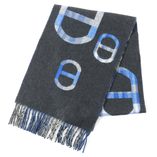 HERMES Scarf Main: 100% cashmere Anthracite/Blue tartan maillon Women Used Authentic
