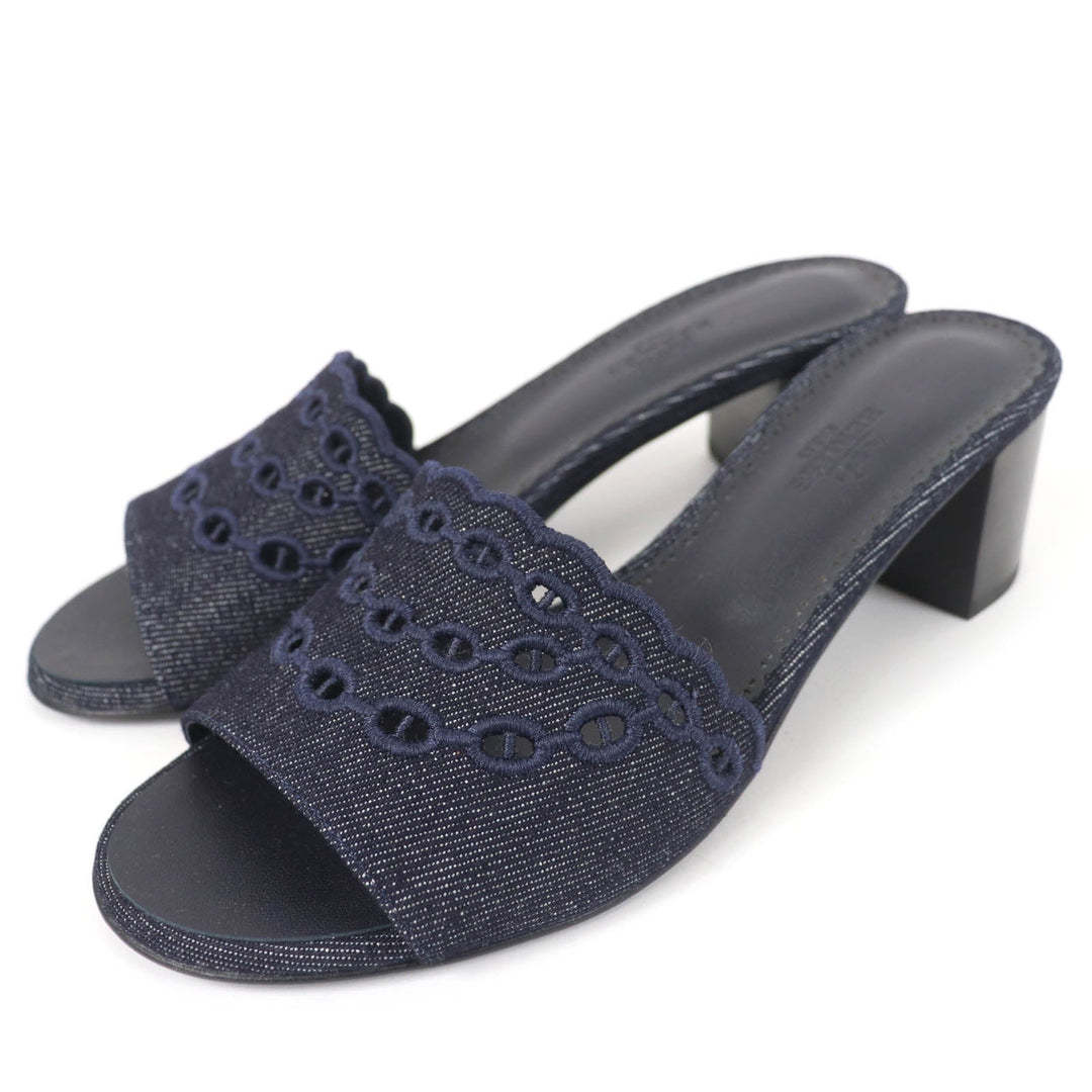 HERMES Sandals Denim, Leather Indigo Mule Women 37 Used Authentic