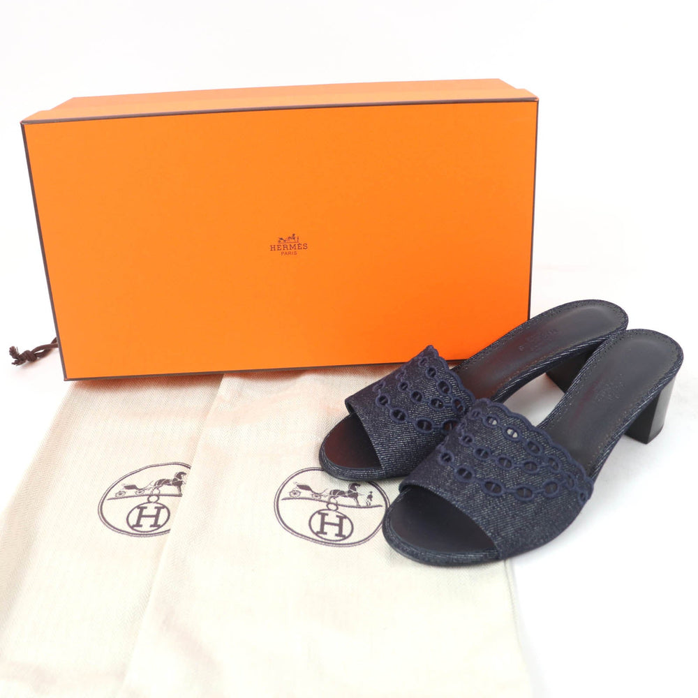 HERMES Sandals Denim, Leather Indigo Mule Women 37 Used Authentic