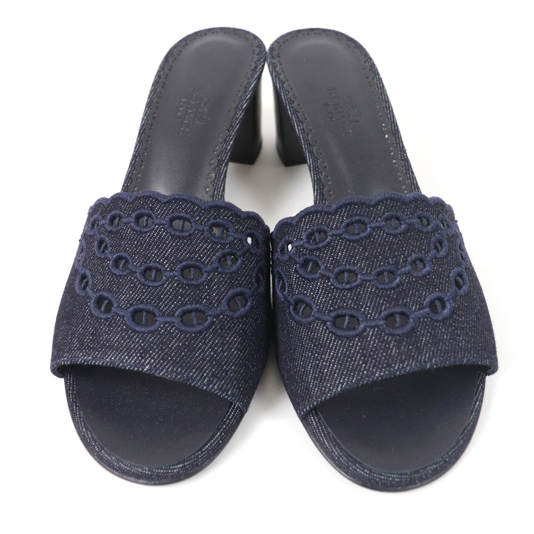 HERMES Sandals Denim, Leather Indigo Mule Women 37 Used Authentic