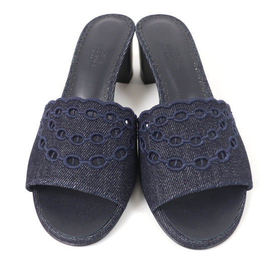 HERMES Sandals Denim, Leather Indigo Mule Women 37 Used Authentic