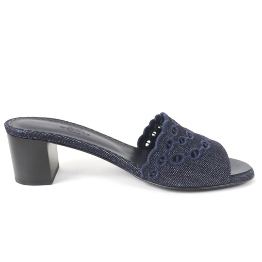 HERMES Sandals Denim, Leather Indigo Mule Women 37 Used Authentic