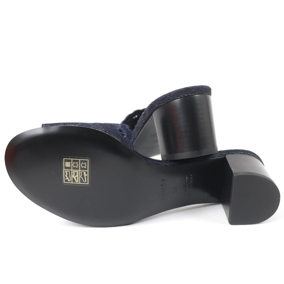 HERMES Sandals Denim, Leather Indigo Mule Women 37 Used Authentic