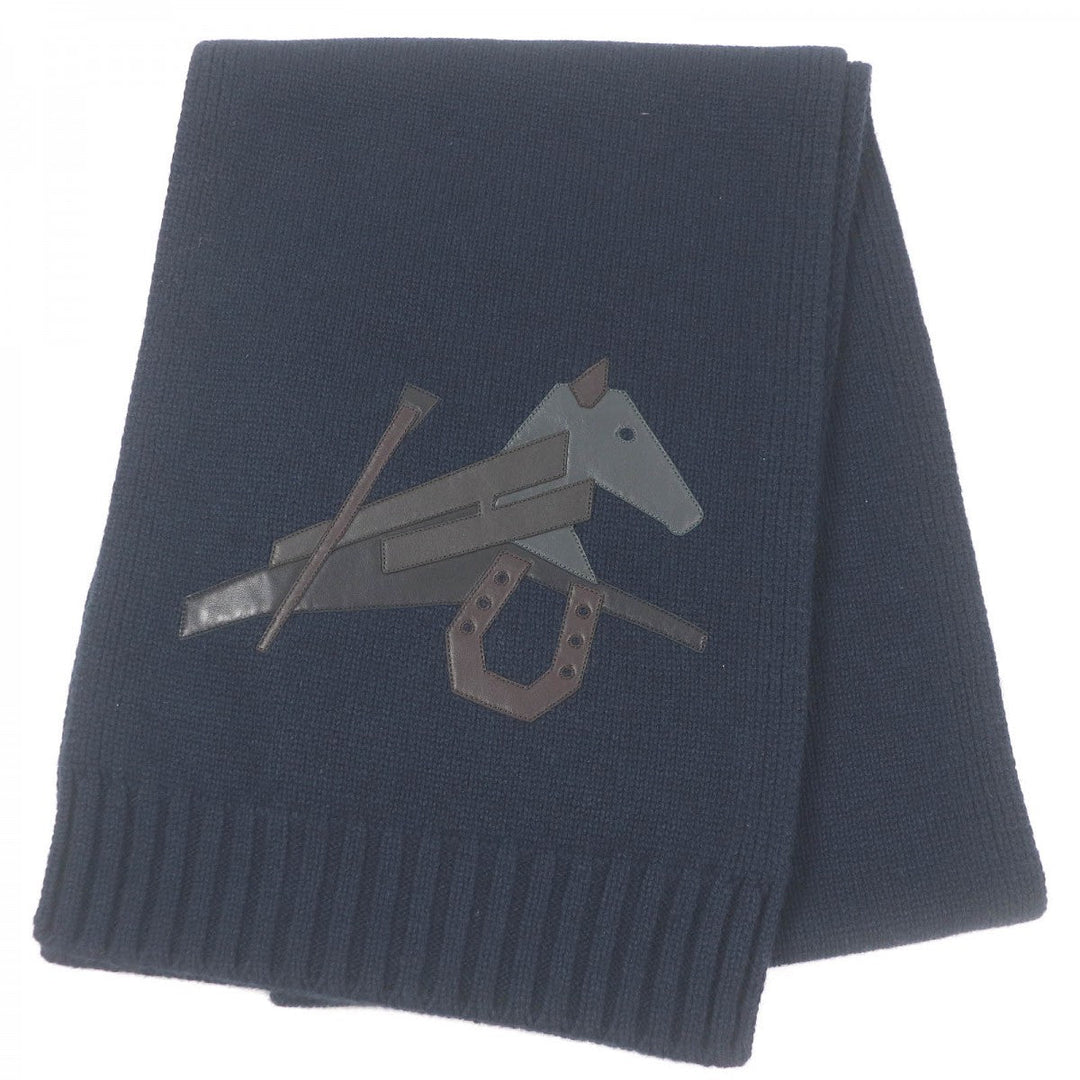 HERMES Scarf H393803T Main: 80% cashmere, Main: 20% silk, Part: Lamb leather Navy Puzzle Equestre mens Used Authentic