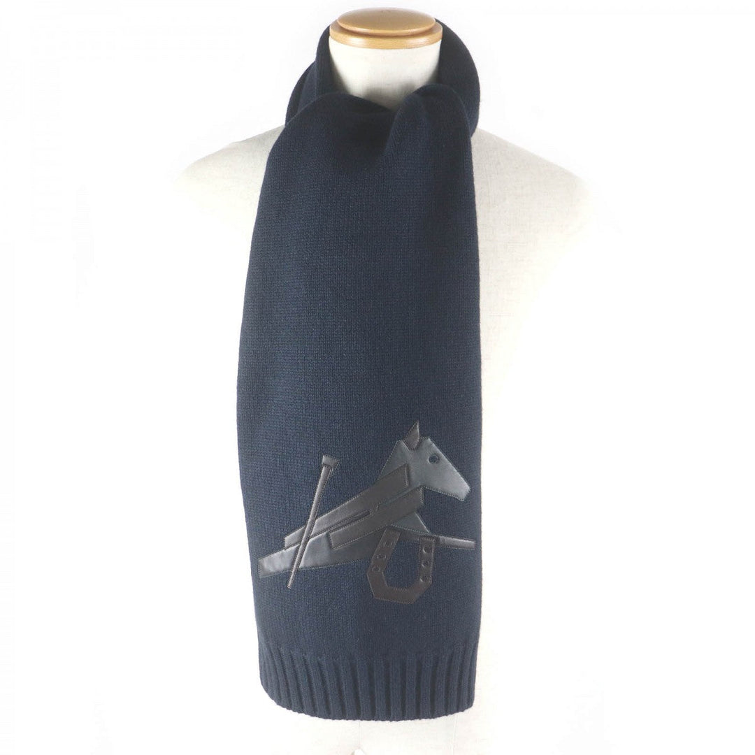 HERMES Scarf H393803T Main: 80% cashmere, Main: 20% silk, Part: Lamb leather Navy Puzzle Equestre mens Used Authentic