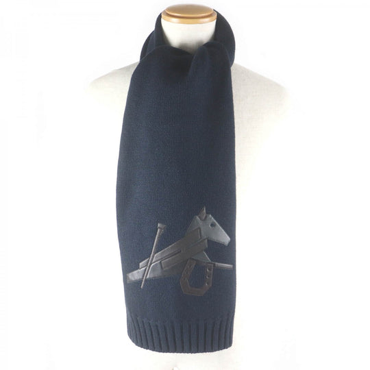HERMES Scarf H393803T Main: 80% cashmere, Main: 20% silk, Part: Lamb leather Navy Puzzle Equestre mens Used Authentic