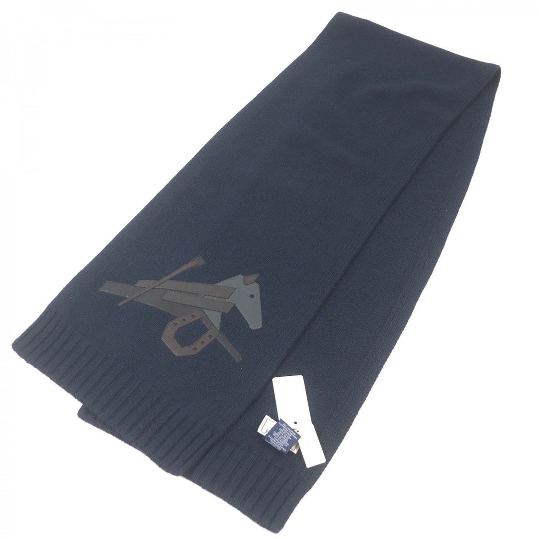 HERMES Scarf H393803T Main: 80% cashmere, Main: 20% silk, Part: Lamb leather Navy Puzzle Equestre mens Used Authentic