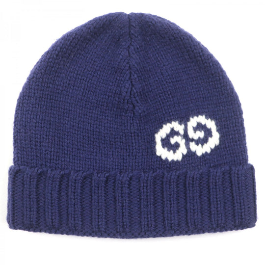 GUCCI Knit cap 602886 Main: 100% wool Navy GG LOGO KNIT BAENIE mens M Used Authentic
