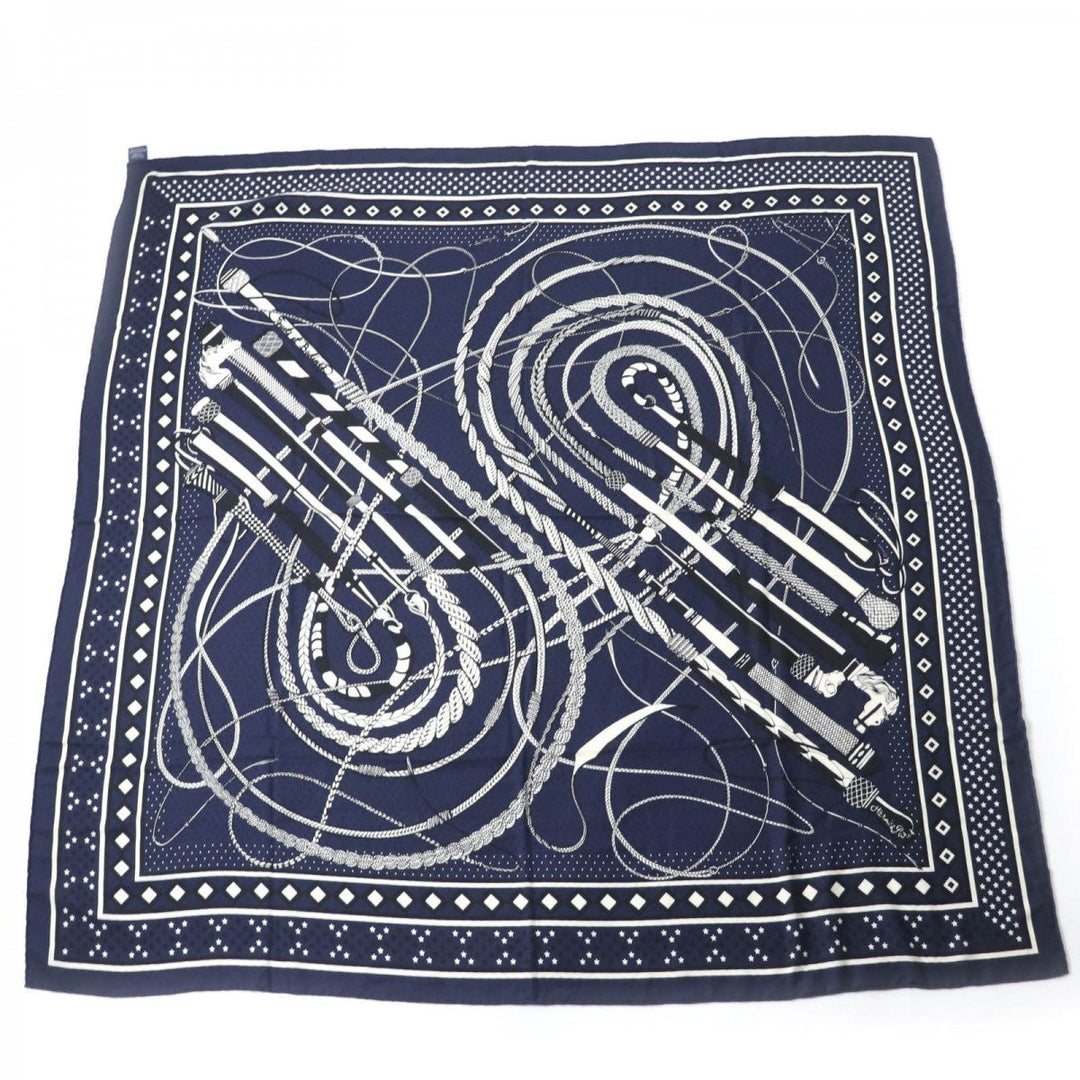 HERMES scarf cashmere Navy Calegean 140 Fouets and Badines Whips and Grips