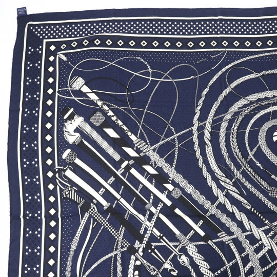 HERMES scarf cashmere Navy Calegean 140 Fouets and Badines Whips and Grips