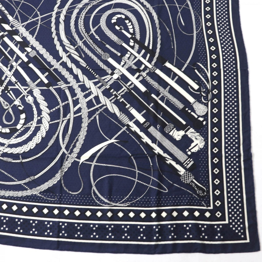 HERMES scarf cashmere Navy Calegean 140 Fouets and Badines Whips and Grips