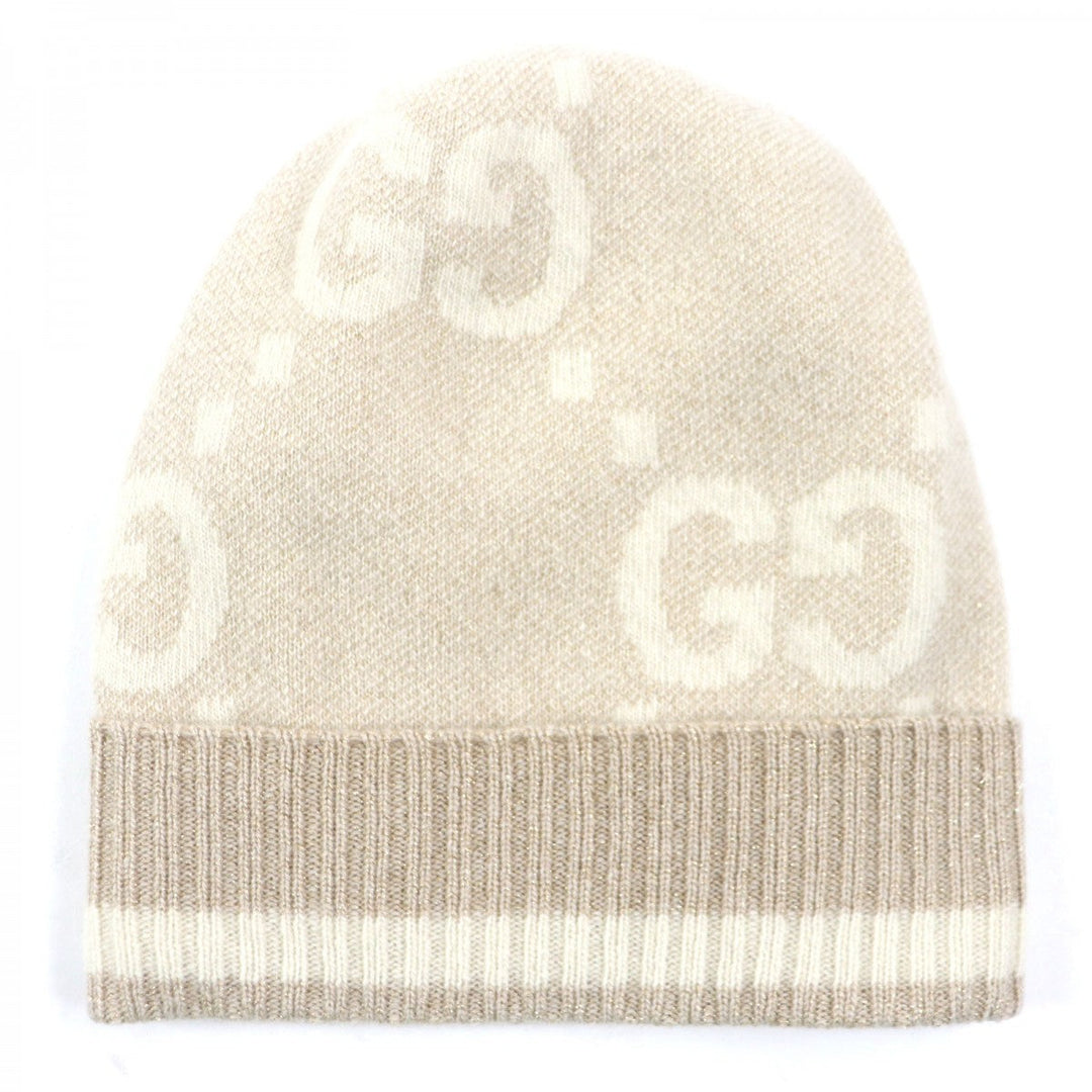 GUCCI Knit cap 765053 Main: 84% cashmere, Main: 9% rayon, Main: 4% polyester, Main: 3% polyester camel white GG Cashmere Jacquard Cap mens M Used Authentic