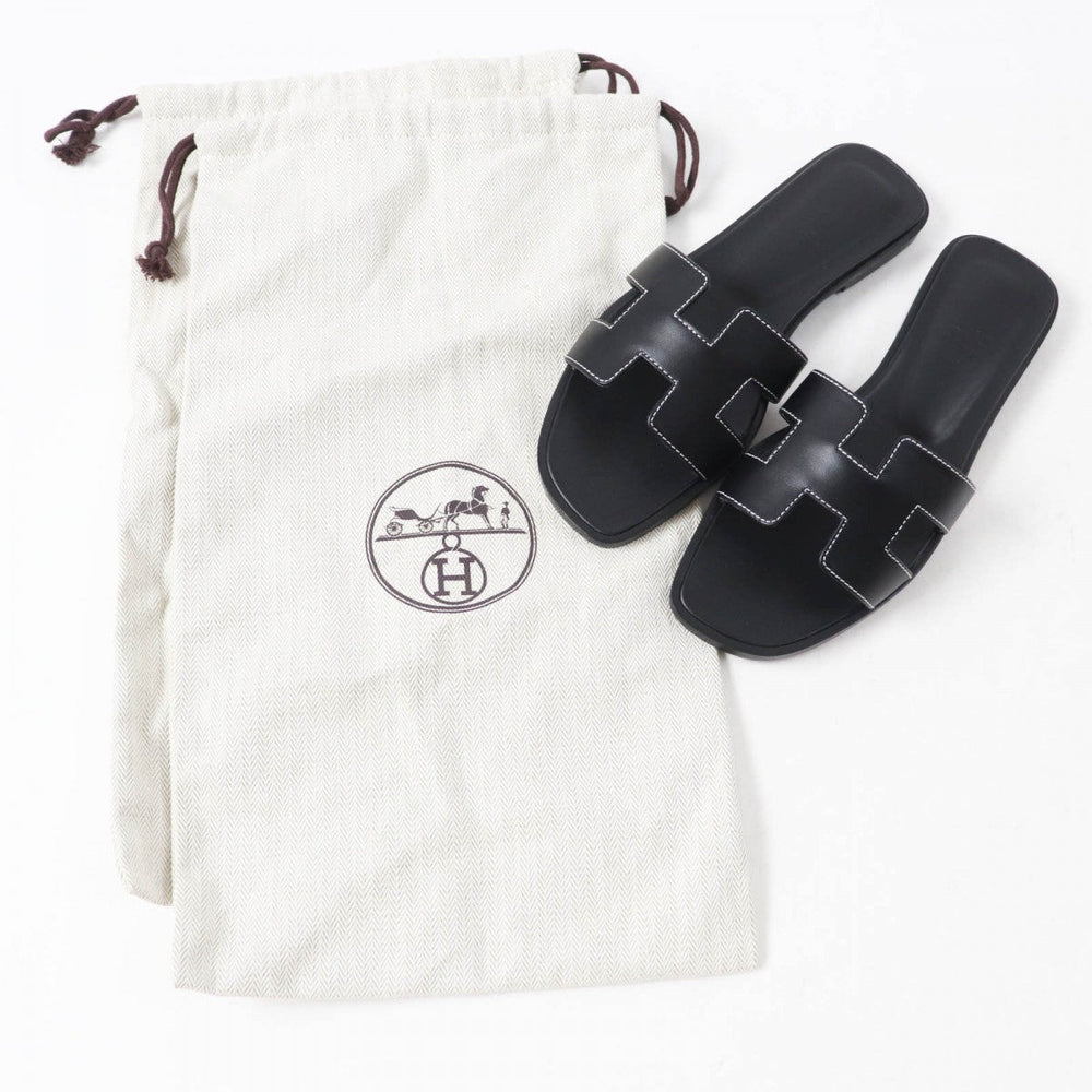 HERMES Sandals Main: Leather black Oran Women 37 Used Authentic