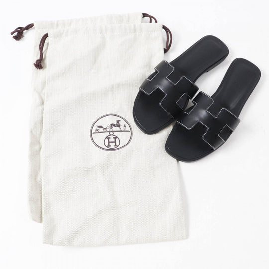 HERMES Sandals Main: Leather black Oran Women 37 Used Authentic