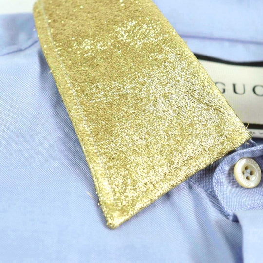 GUCCI Long sleeve shirt 521946 Outer material: 100% cotton, part: 53% rayon, part: 24% silk, part: 23% metal Blue gold mens 41|16 Used Authentic