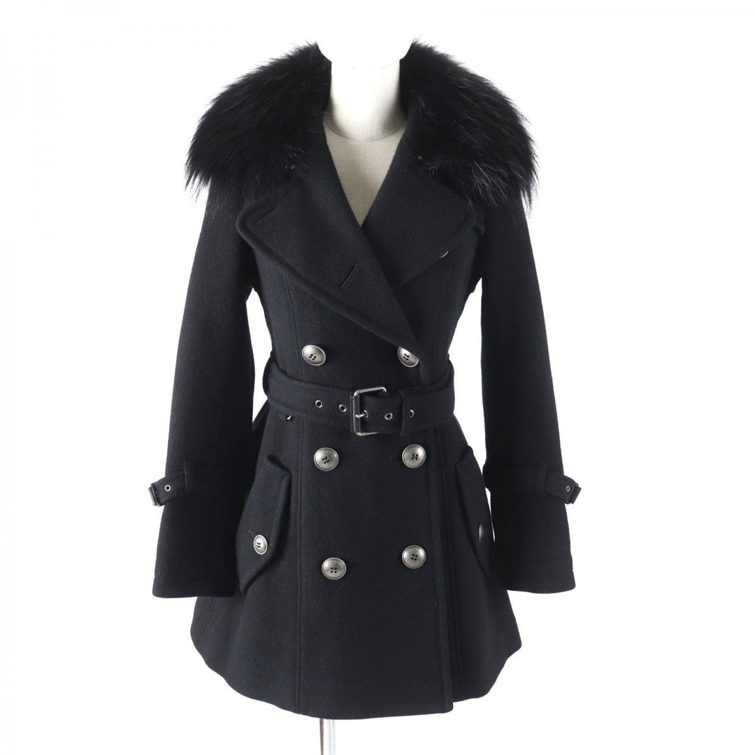 BURBERRY BLUE LABEL trench coat Outer material: 70% wool, Outer material: 30% angora, Fur: raccoon, Part: cowhide, Lining: 100% polyester black Women 38 Used Authentic