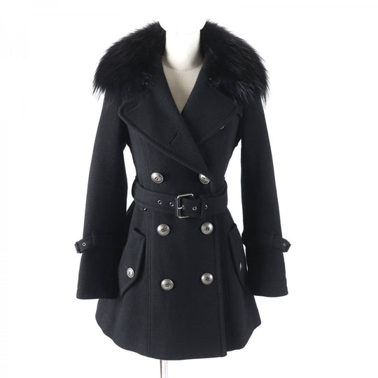 BURBERRY BLUE LABEL trench coat Outer material: 70% wool, Outer material: 30% angora, Fur: raccoon, Part: cowhide, Lining: 100% polyester black Women 38 Used Authentic